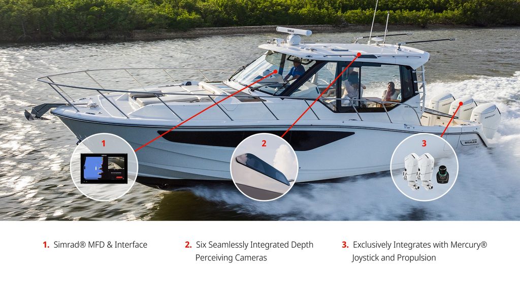 Simrad AutoCaptain comes to Saxdor boats: autonomous docking 2 Simrad AutoCaptain system parts: Simrad display, six cameras and Mercury propulsion